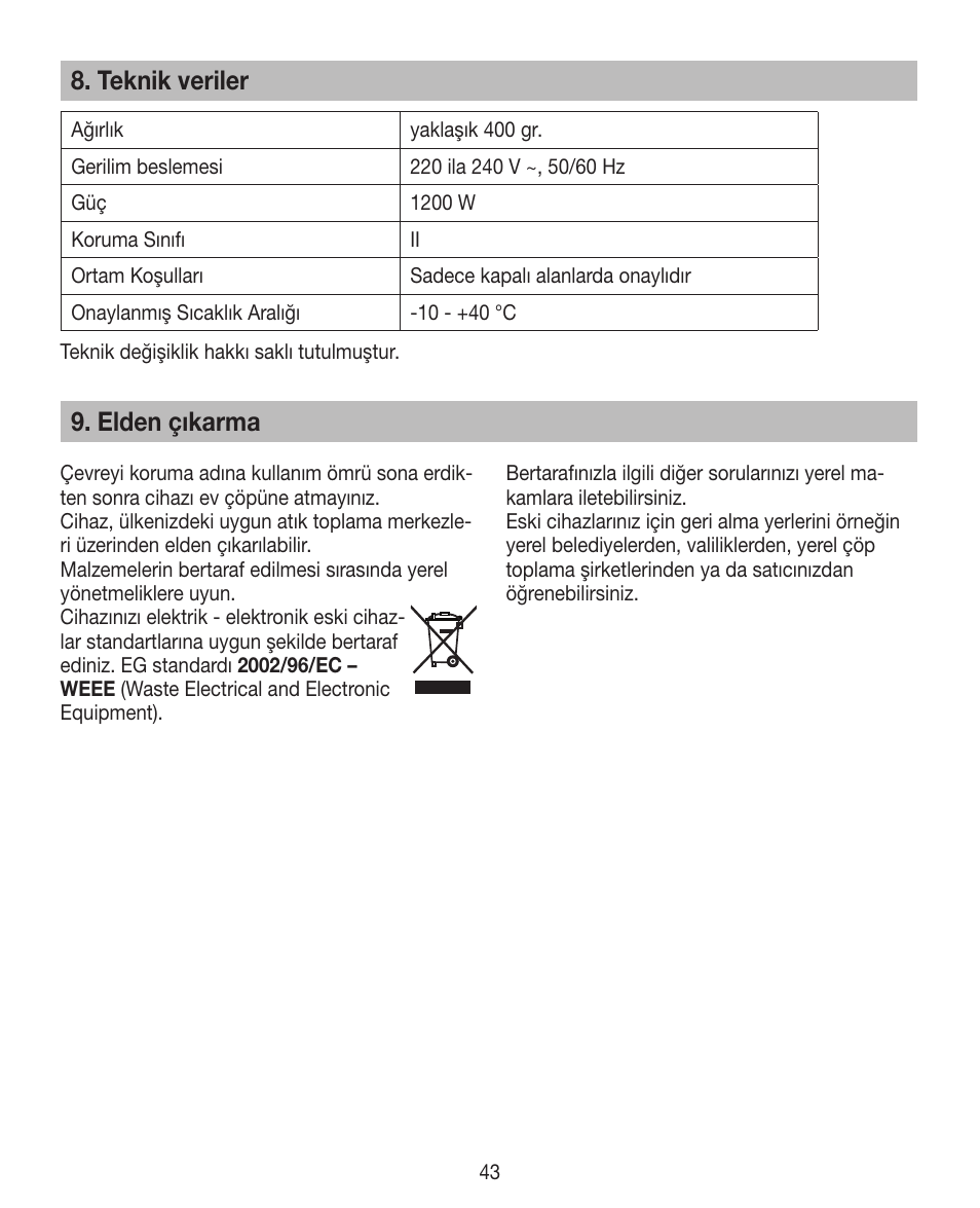 Teknik veriler, Elden çıkarma | Beurer HTE 40 User Manual | Page 43 / 84