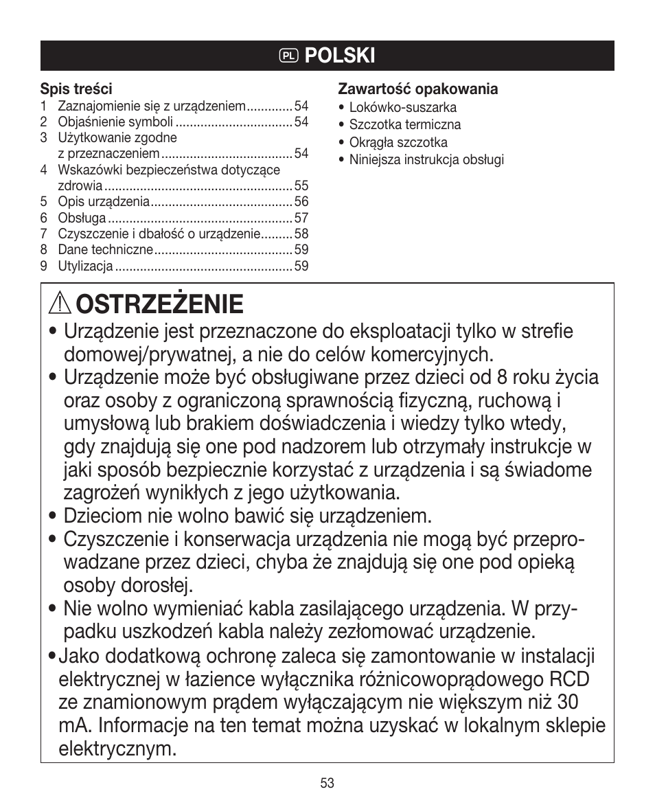 Ostrzeżenie, Q polski | Beurer HTE 40 User Manual | Page 53 / 84