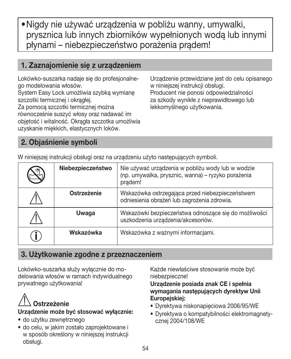 Zaznajomienie się z urządzeniem, Objaśnienie symboli, Użytkowanie zgodne z przeznaczeniem | Beurer HTE 40 User Manual | Page 54 / 84