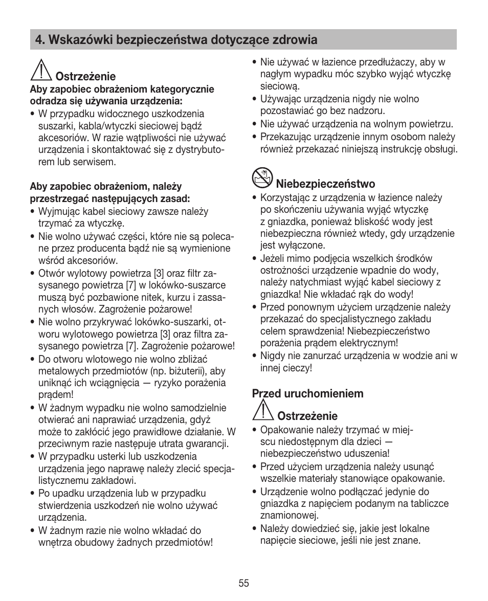 Wskazówki bezpieczeństwa dotyczące zdrowia | Beurer HTE 40 User Manual | Page 55 / 84