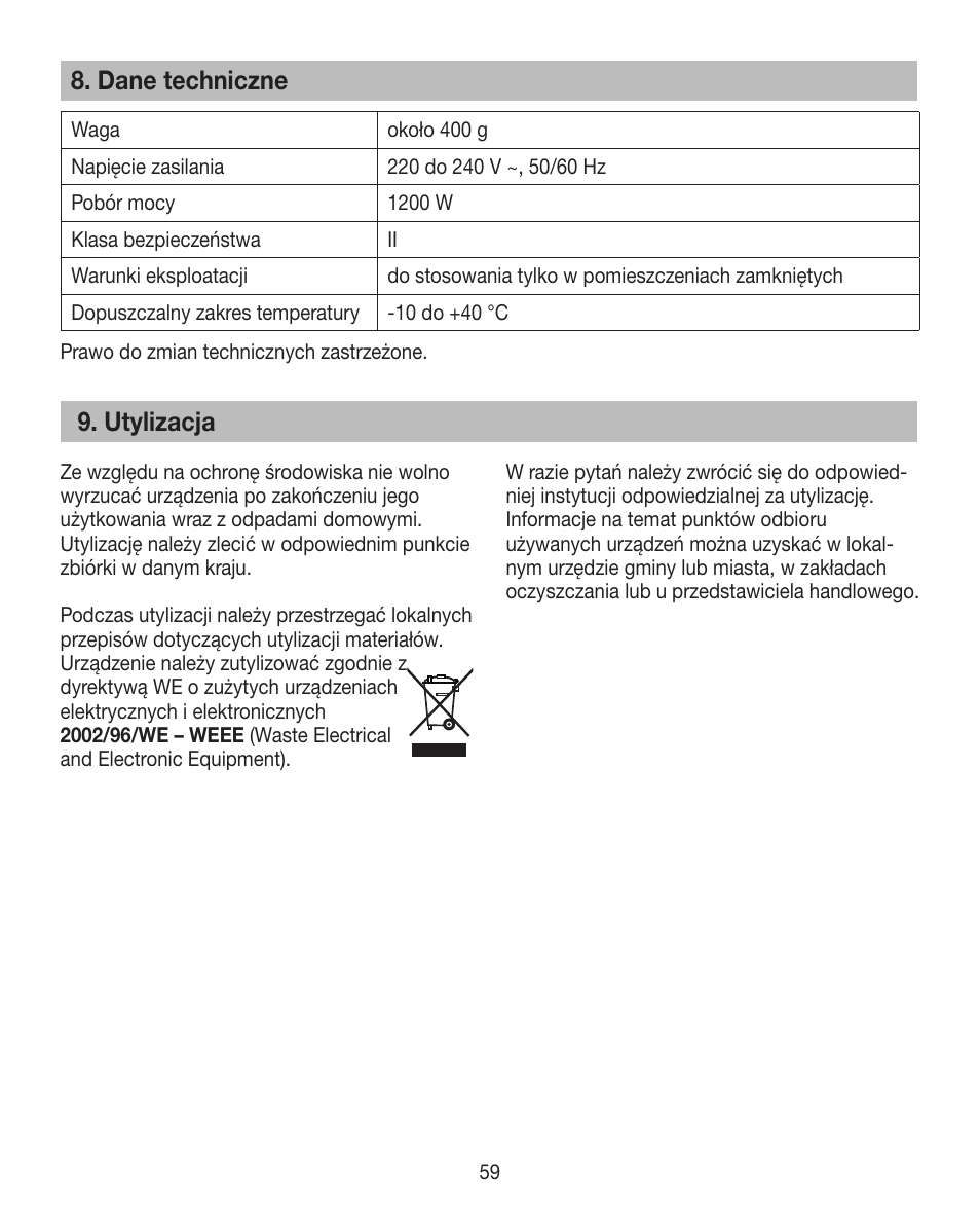 Dane techniczne, Utylizacja | Beurer HTE 40 User Manual | Page 59 / 84