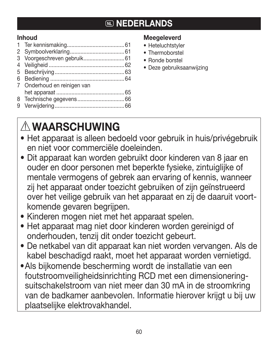 Waarschuwing, O nederlands | Beurer HTE 40 User Manual | Page 60 / 84