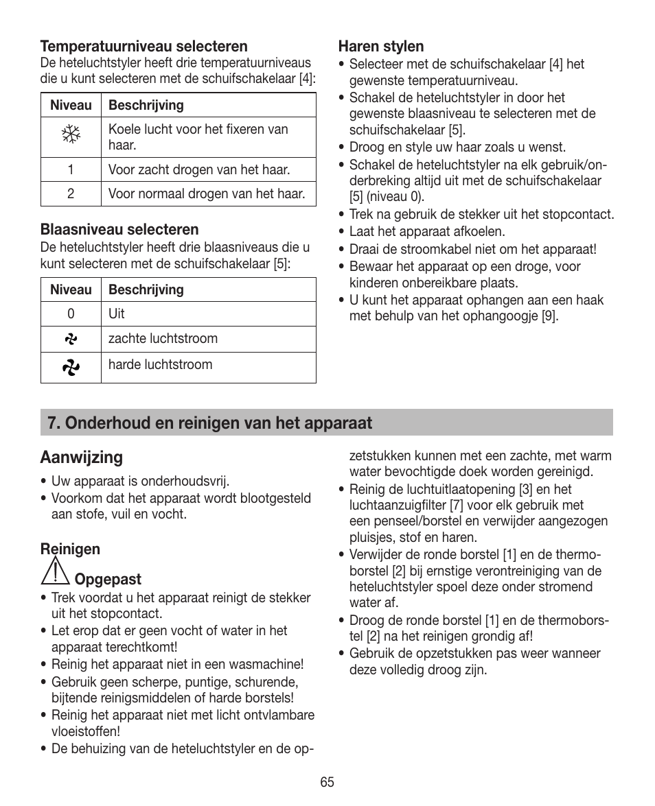 Onderhoud en reinigen van het apparaat aanwijzing | Beurer HTE 40 User Manual | Page 65 / 84