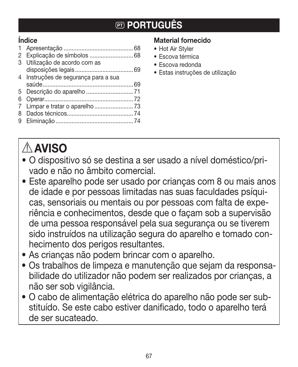 Aviso, P português | Beurer HTE 40 User Manual | Page 67 / 84