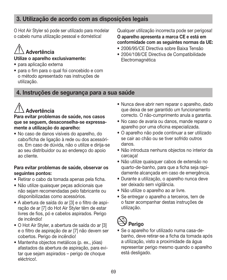 Utilização de acordo com as disposições legais, Instruções de segurança para a sua saúde | Beurer HTE 40 User Manual | Page 69 / 84