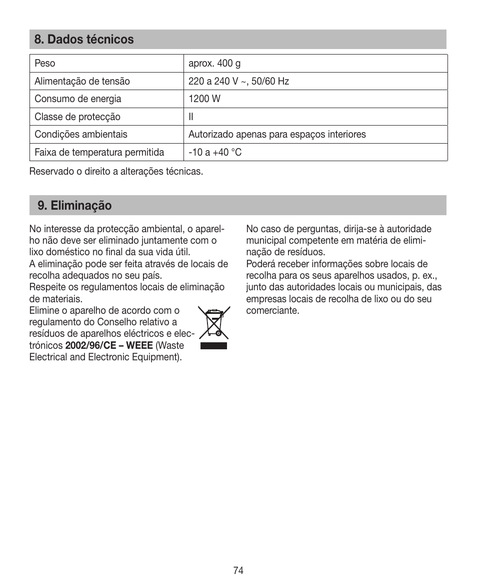 Dados técnicos, Eliminação | Beurer HTE 40 User Manual | Page 74 / 84