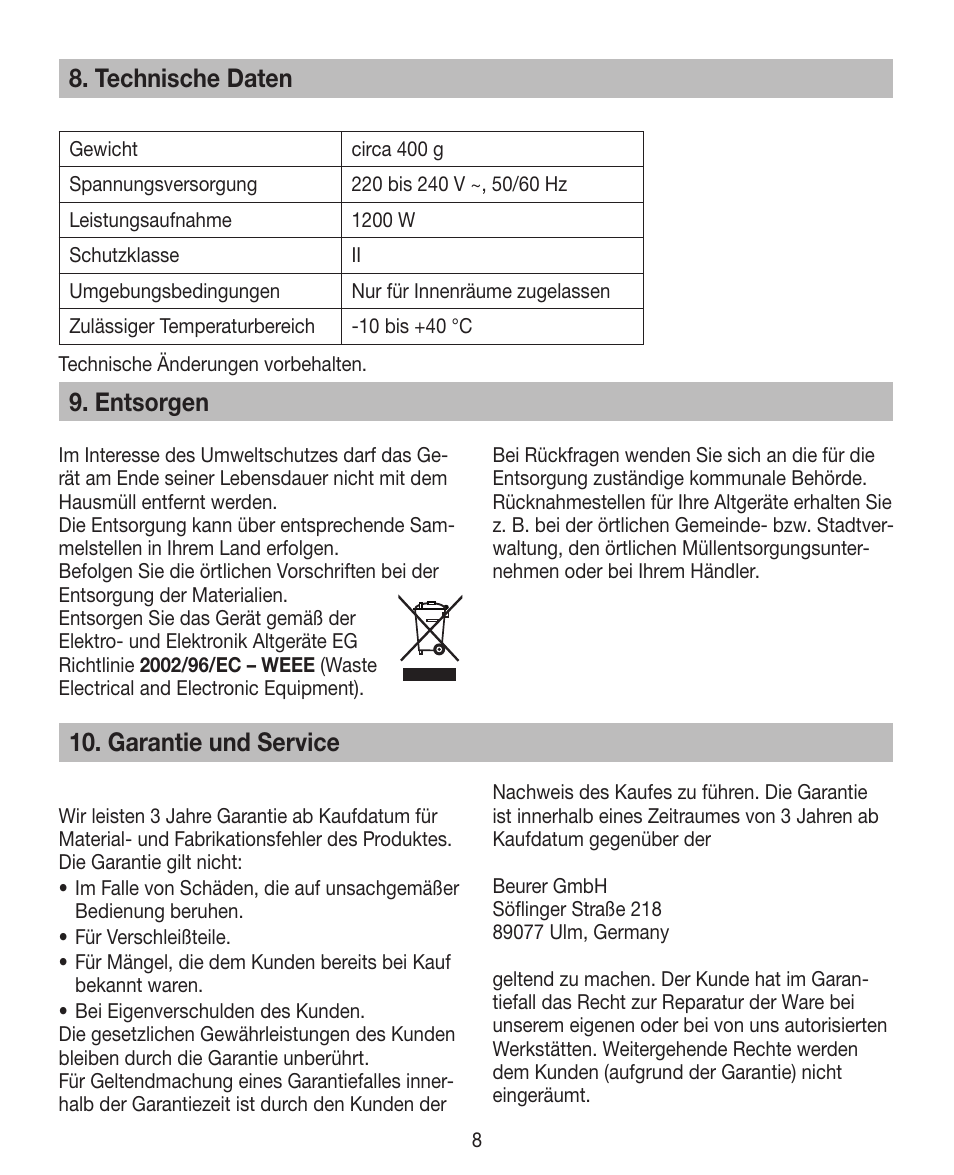 Technische daten, Entsorgen 10. garantie und service | Beurer HTE 40 User Manual | Page 8 / 84