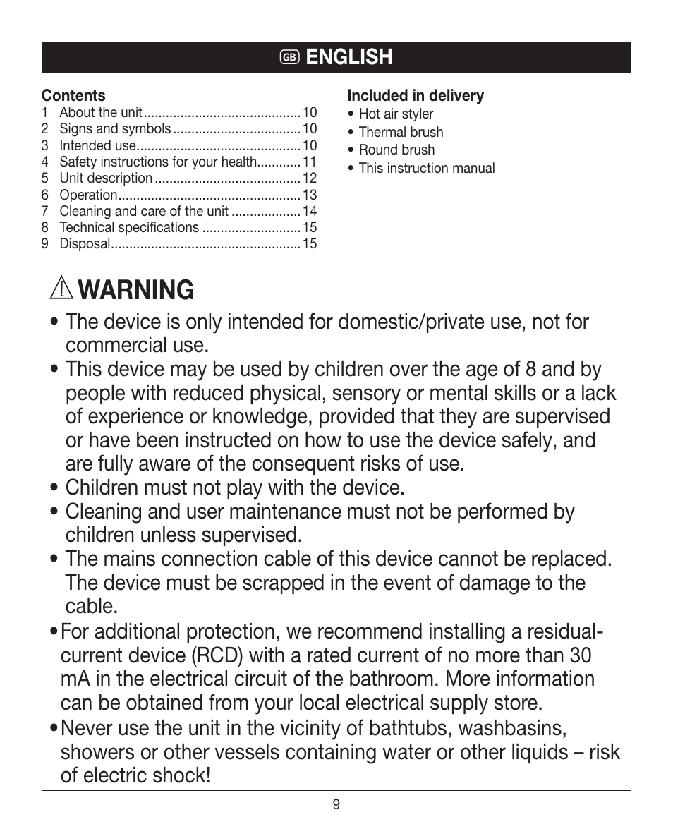 Warning, G english | Beurer HTE 40 User Manual | Page 9 / 84
