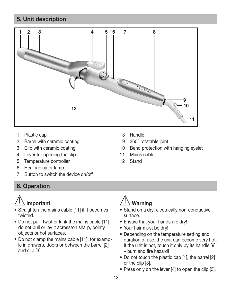 Unit description, Operation | Beurer HTE 30 User Manual | Page 12 / 80