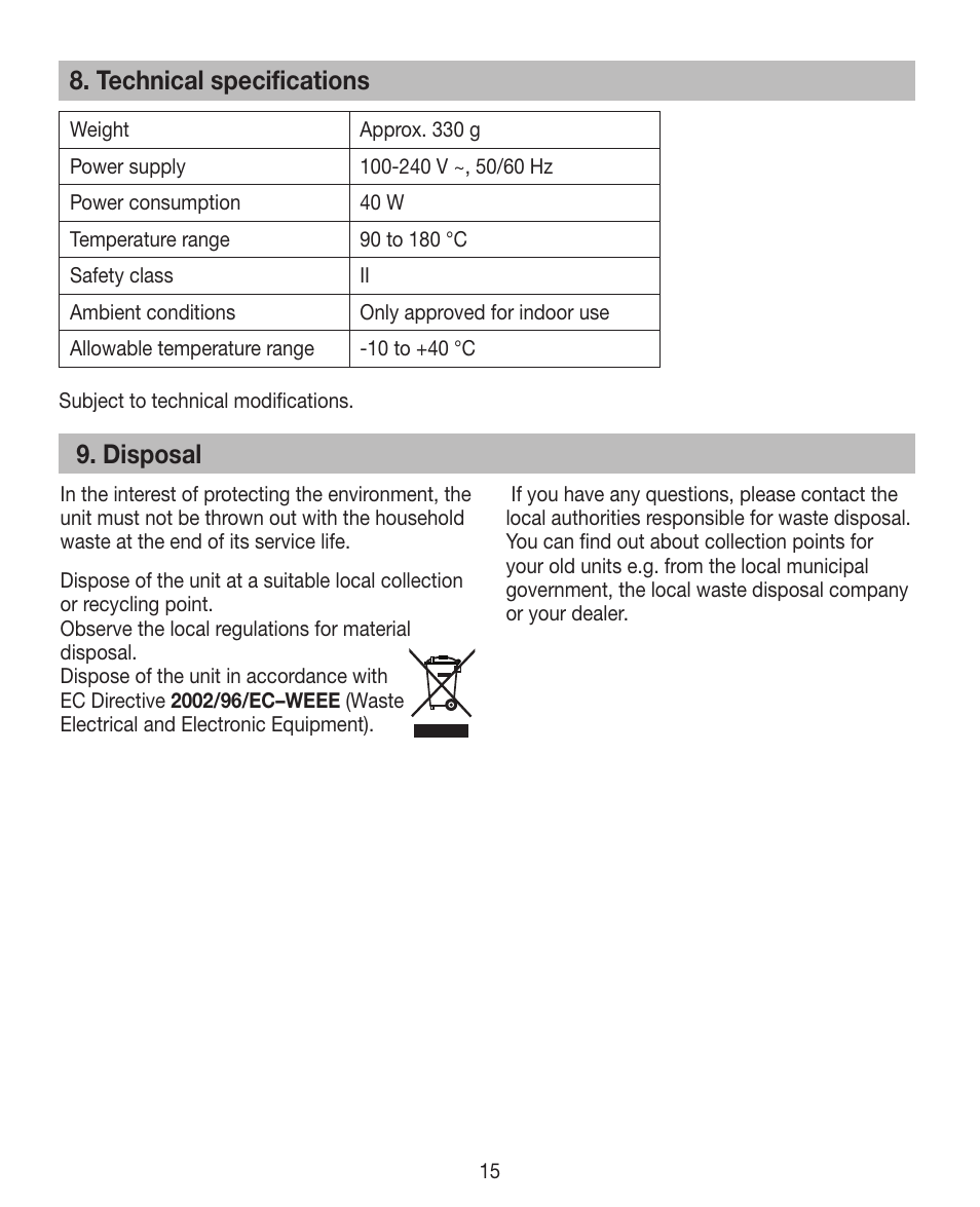 Technical specifications, Disposal | Beurer HTE 30 User Manual | Page 15 / 80