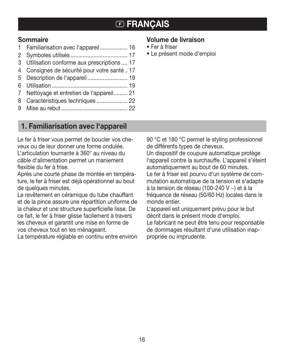 F français, Familiarisation avec l‘appareil | Beurer HTE 30 User Manual | Page 16 / 80
