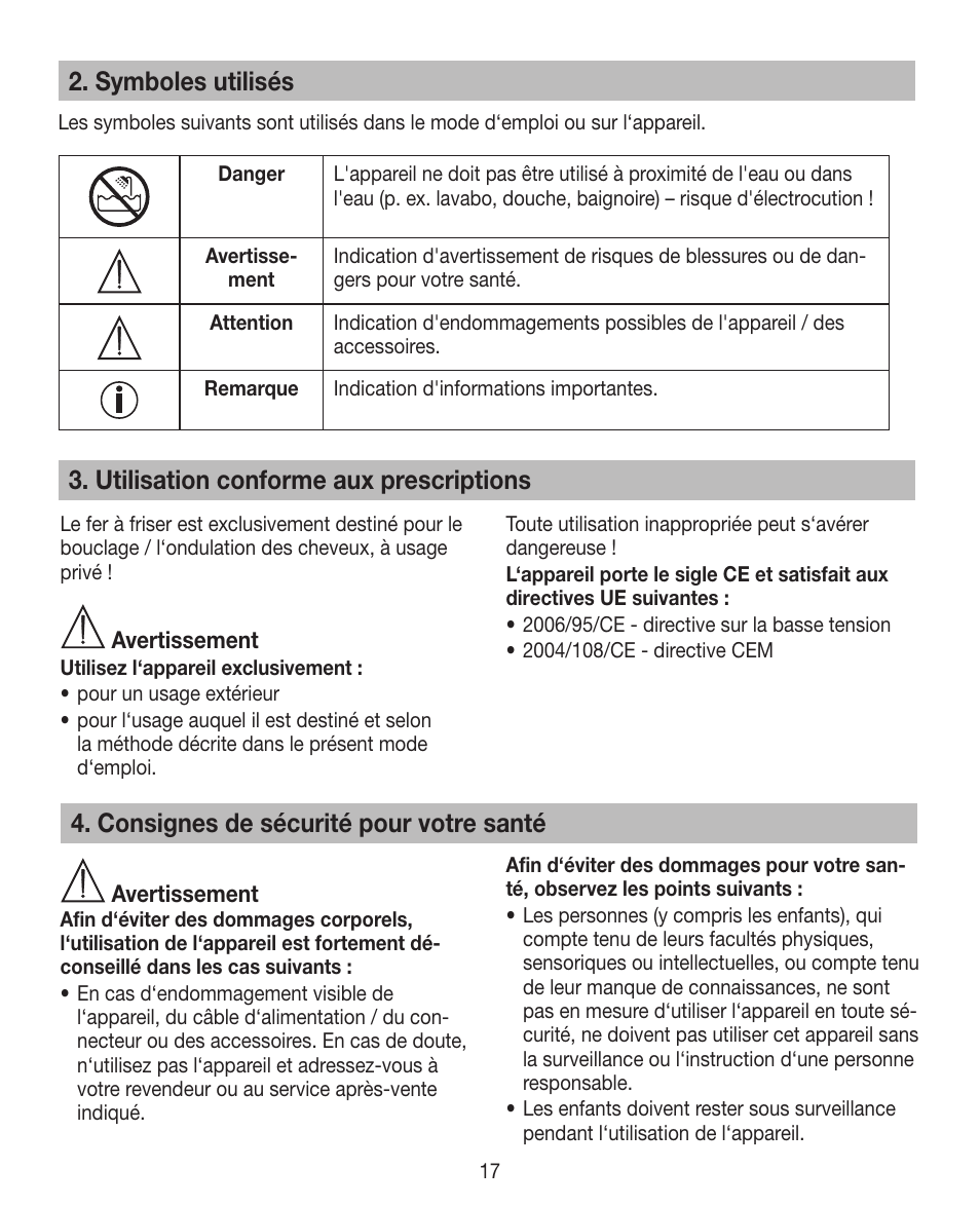 Symboles utilisés, Utilisation conforme aux prescriptions, Consignes de sécurité pour votre santé | Beurer HTE 30 User Manual | Page 17 / 80