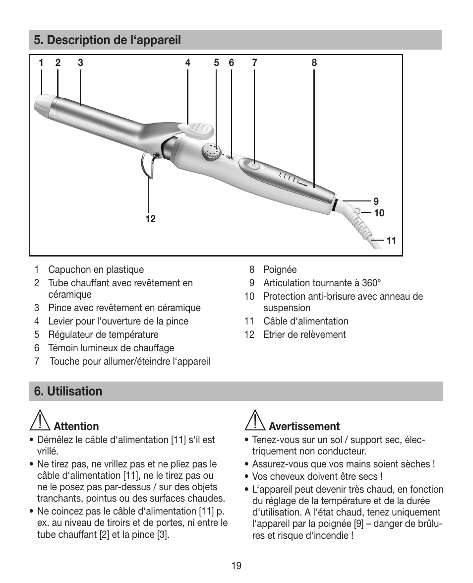 Description de l‘appareil, Utilisation | Beurer HTE 30 User Manual | Page 19 / 80