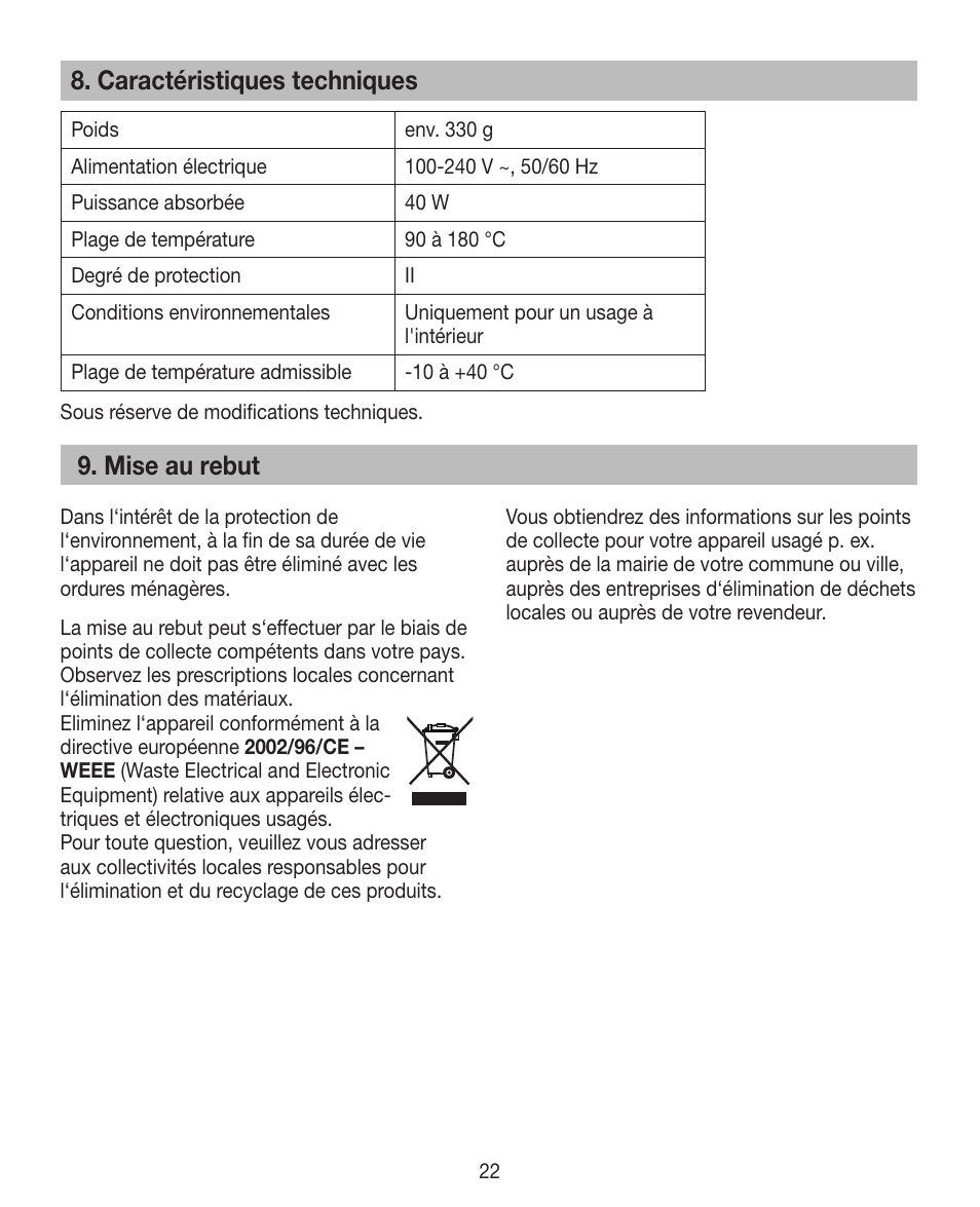 Caractéristiques techniques, Mise au rebut | Beurer HTE 30 User Manual | Page 22 / 80