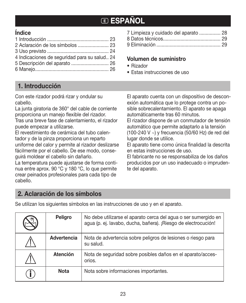E español, Introducción, Aclaración de los símbolos | Beurer HTE 30 User Manual | Page 23 / 80