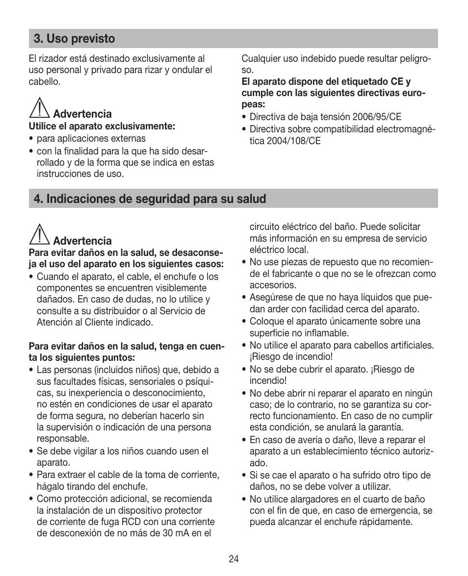 Uso previsto, Indicaciones de seguridad para su salud | Beurer HTE 30 User Manual | Page 24 / 80