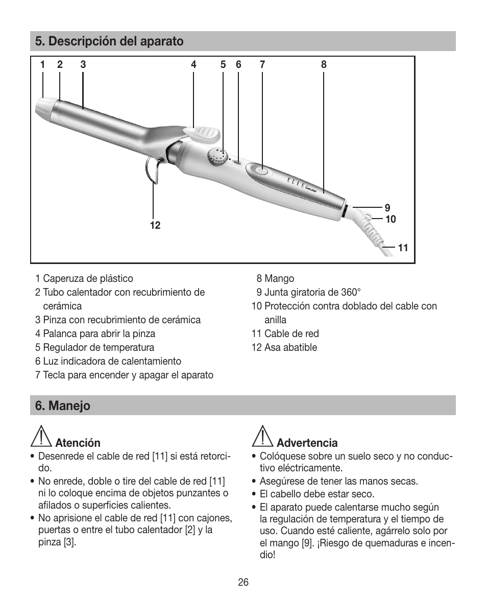 Descripción del aparato, Manejo | Beurer HTE 30 User Manual | Page 26 / 80