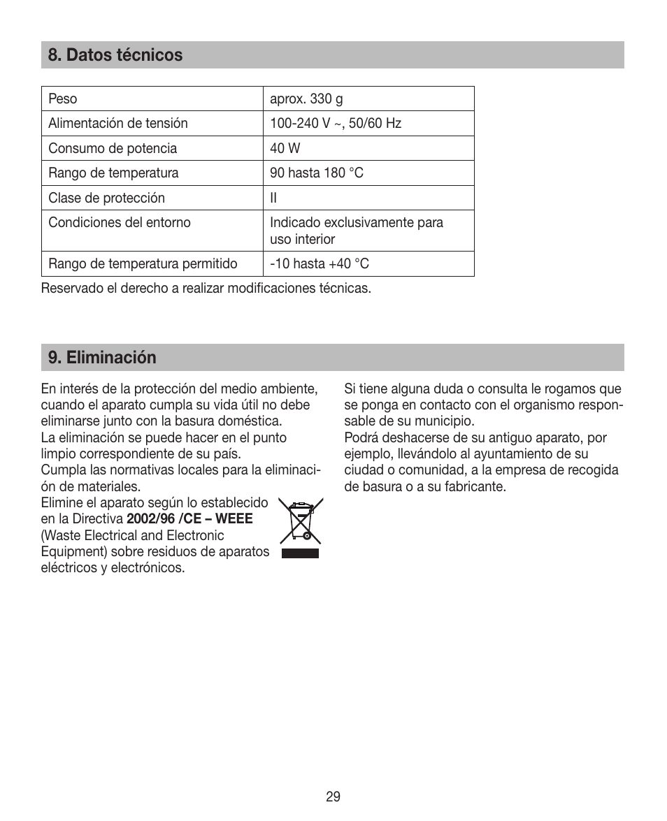Datos técnicos, Eliminación | Beurer HTE 30 User Manual | Page 29 / 80
