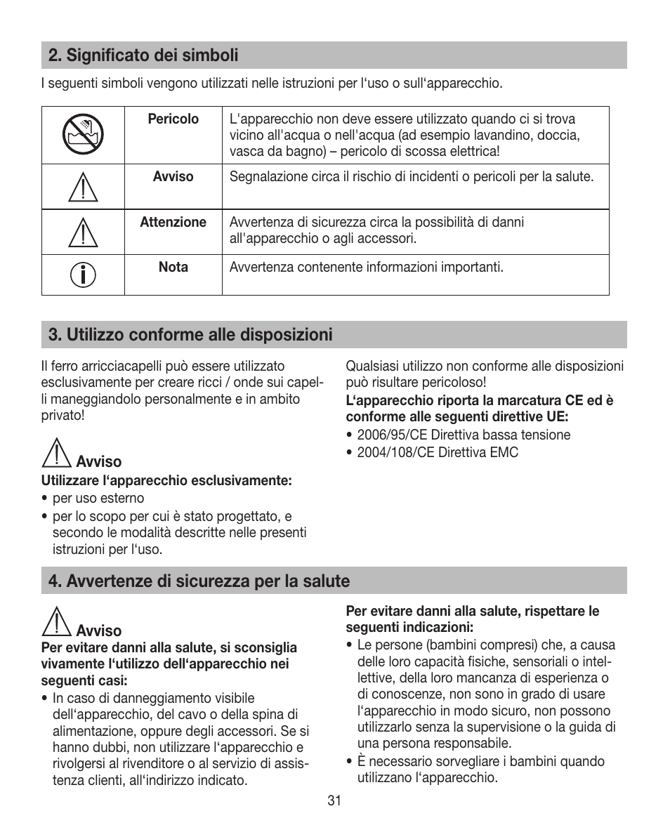 Significato dei simboli, Utilizzo conforme alle disposizioni, Avvertenze di sicurezza per la salute | Beurer HTE 30 User Manual | Page 31 / 80