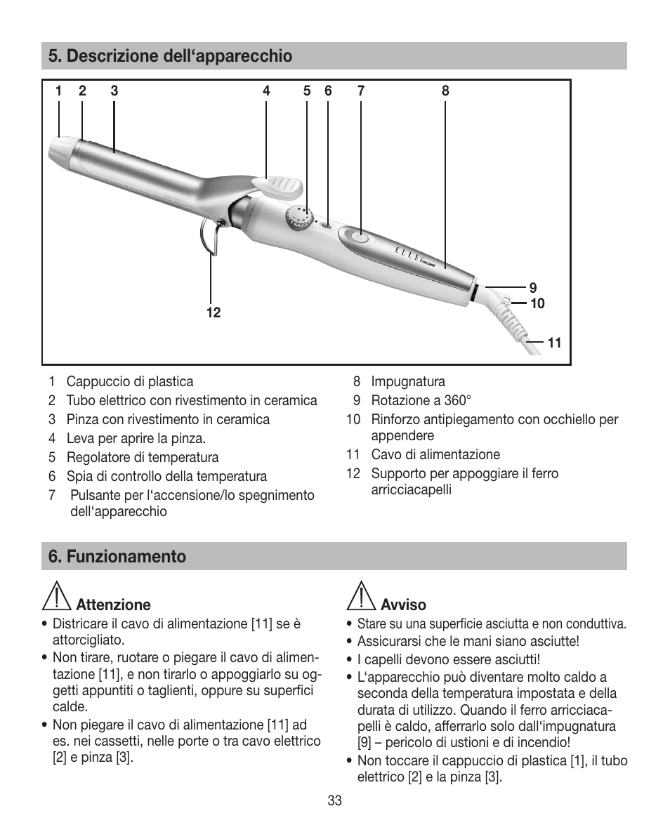 Descrizione dell‘apparecchio, Funzionamento | Beurer HTE 30 User Manual | Page 33 / 80
