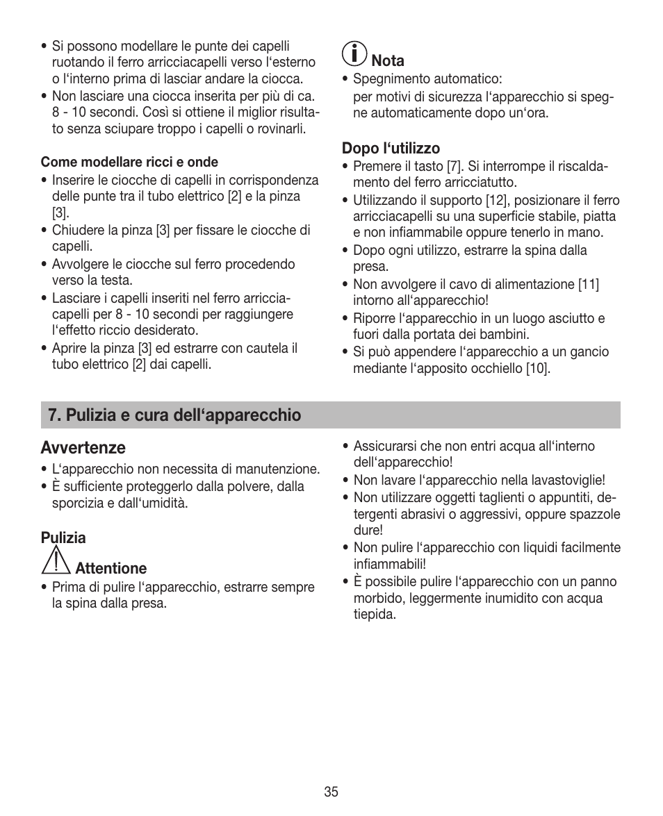 Pulizia e cura dell‘apparecchio avvertenze | Beurer HTE 30 User Manual | Page 35 / 80