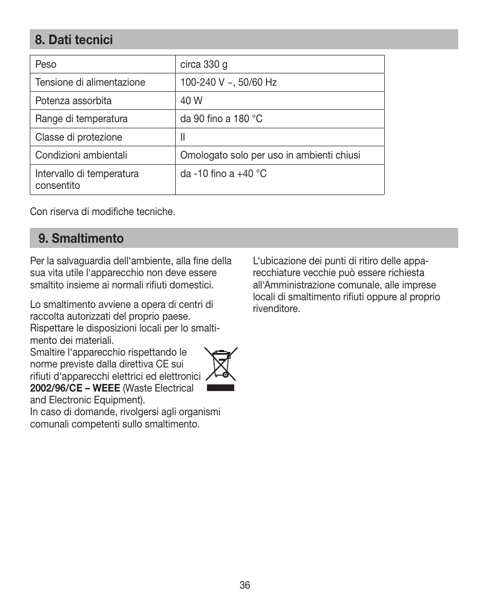 Dati tecnici, Smaltimento | Beurer HTE 30 User Manual | Page 36 / 80