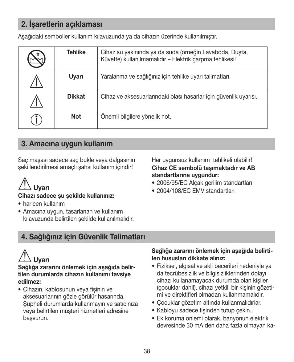 Işaretlerin açıklaması, Amacına uygun kullanım, Sağlığınız için güvenlik talimatları | Beurer HTE 30 User Manual | Page 38 / 80