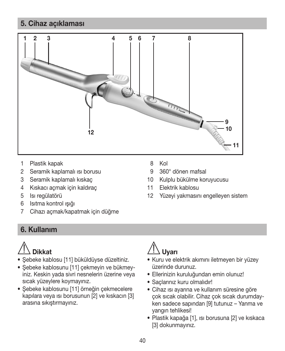 Cihaz açıklaması, Kullanım | Beurer HTE 30 User Manual | Page 40 / 80