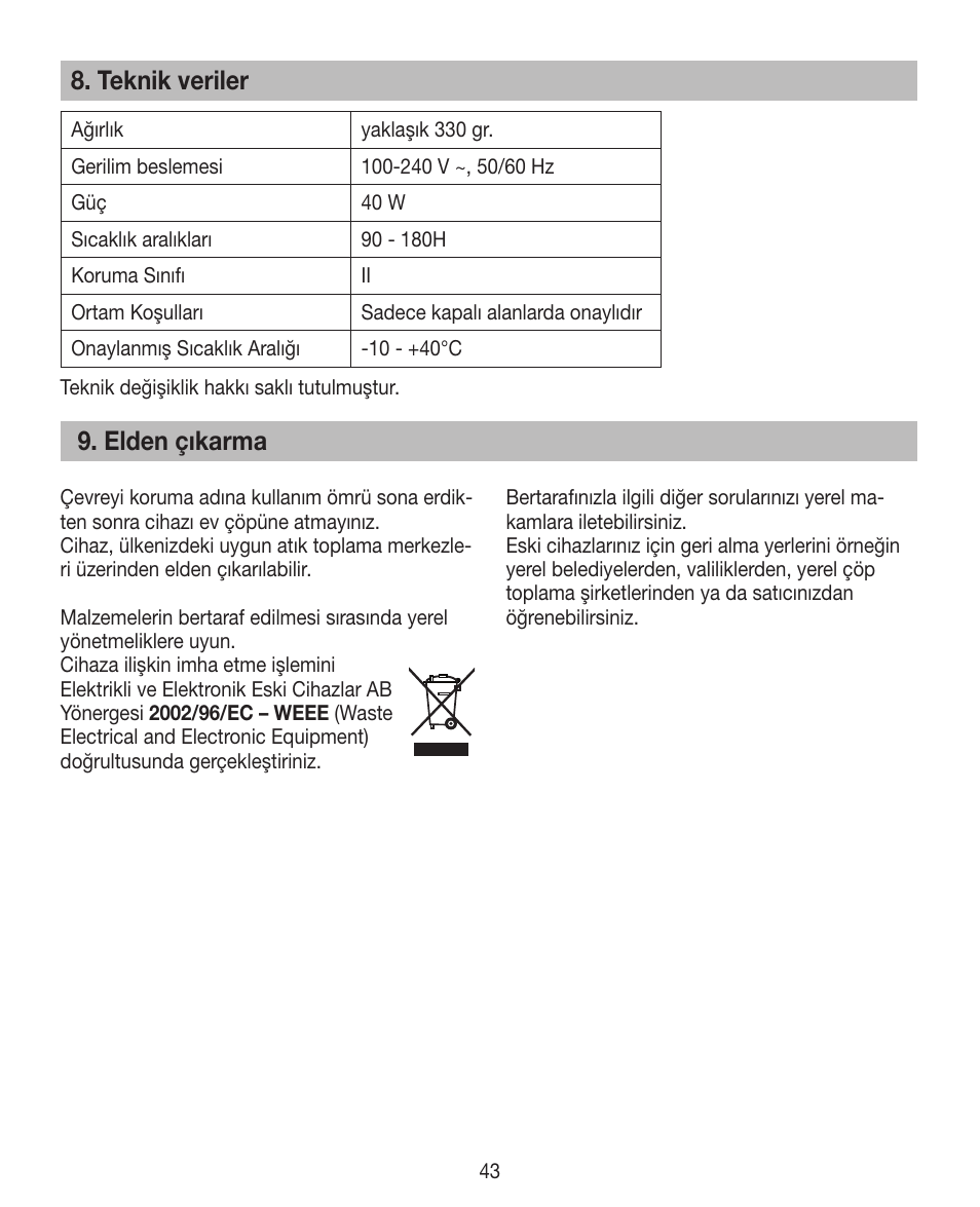 Teknik veriler, Elden çıkarma | Beurer HTE 30 User Manual | Page 43 / 80