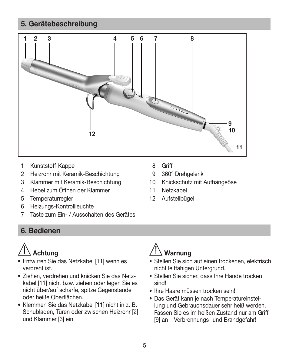 Gerätebeschreibung, Bedienen | Beurer HTE 30 User Manual | Page 5 / 80