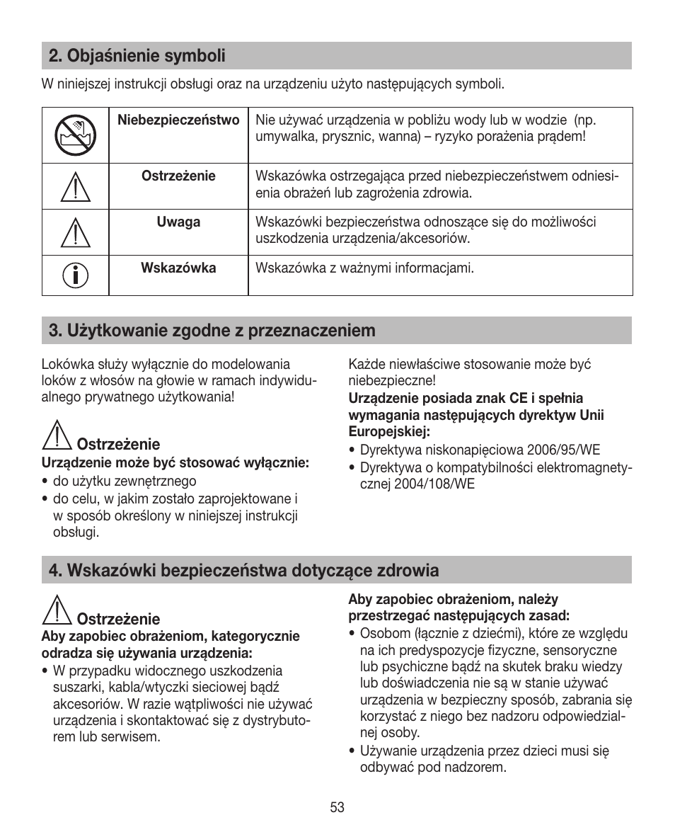 Objaśnienie symboli, Użytkowanie zgodne z przeznaczeniem, Wskazówki bezpieczeństwa dotyczące zdrowia | Beurer HTE 30 User Manual | Page 53 / 80