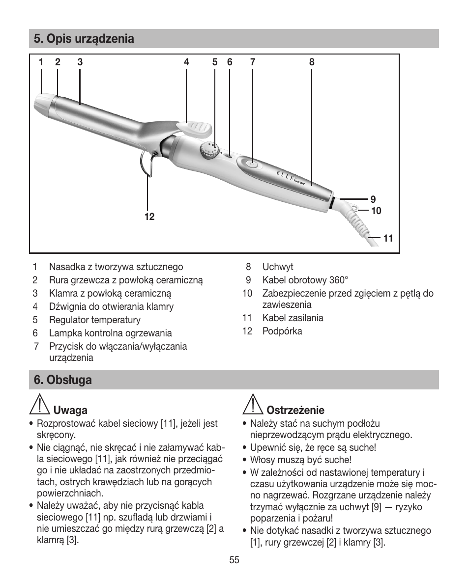 Opis urządzenia, Obsługa | Beurer HTE 30 User Manual | Page 55 / 80
