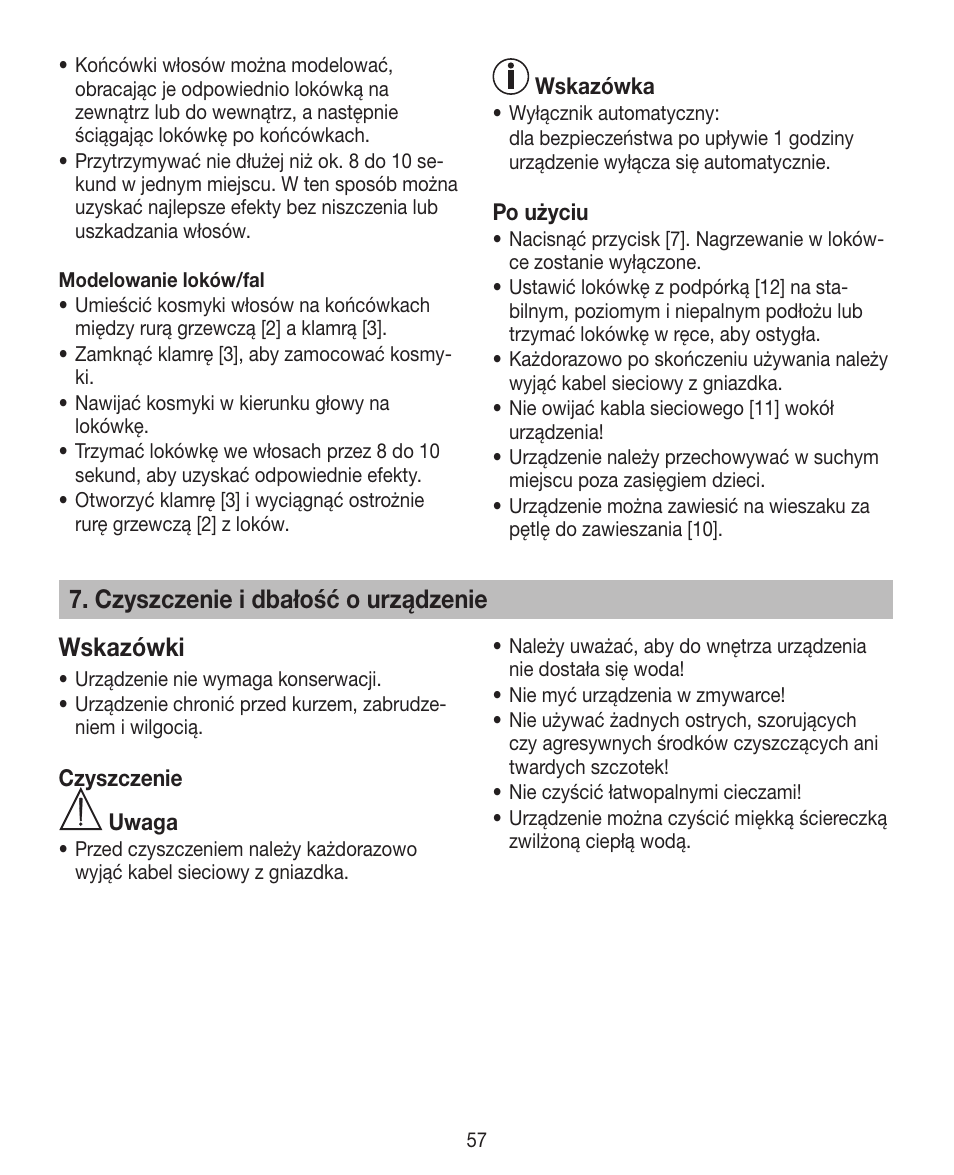 Czyszczenie i dbałość o urządzenie wskazówki | Beurer HTE 30 User Manual | Page 57 / 80