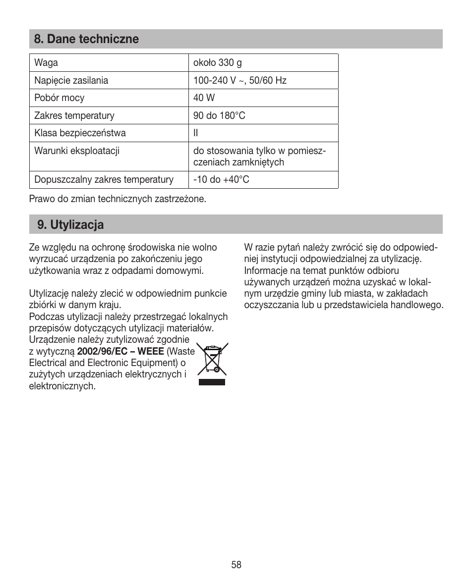 Dane techniczne, Utylizacja | Beurer HTE 30 User Manual | Page 58 / 80