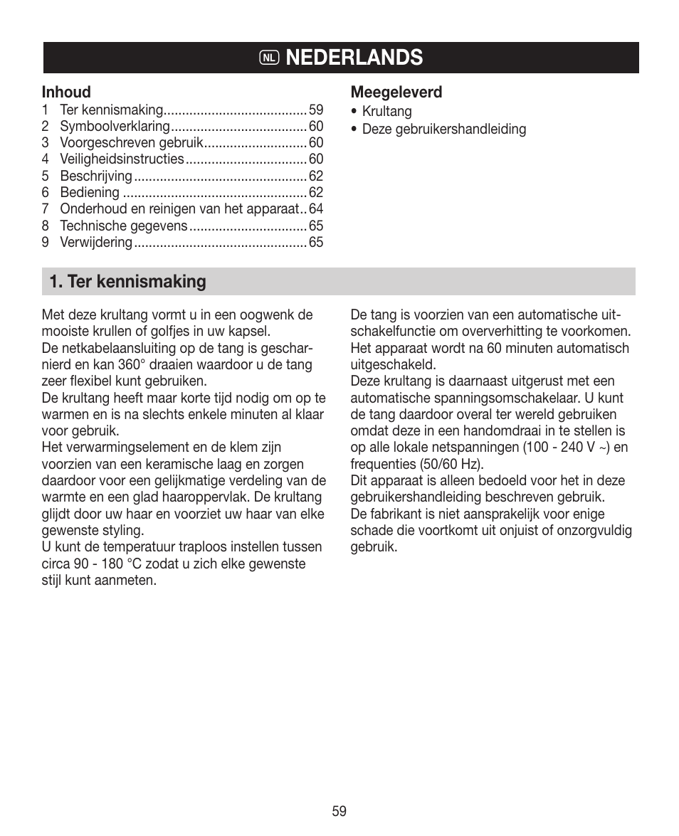 O nederlands, Ter kennismaking | Beurer HTE 30 User Manual | Page 59 / 80