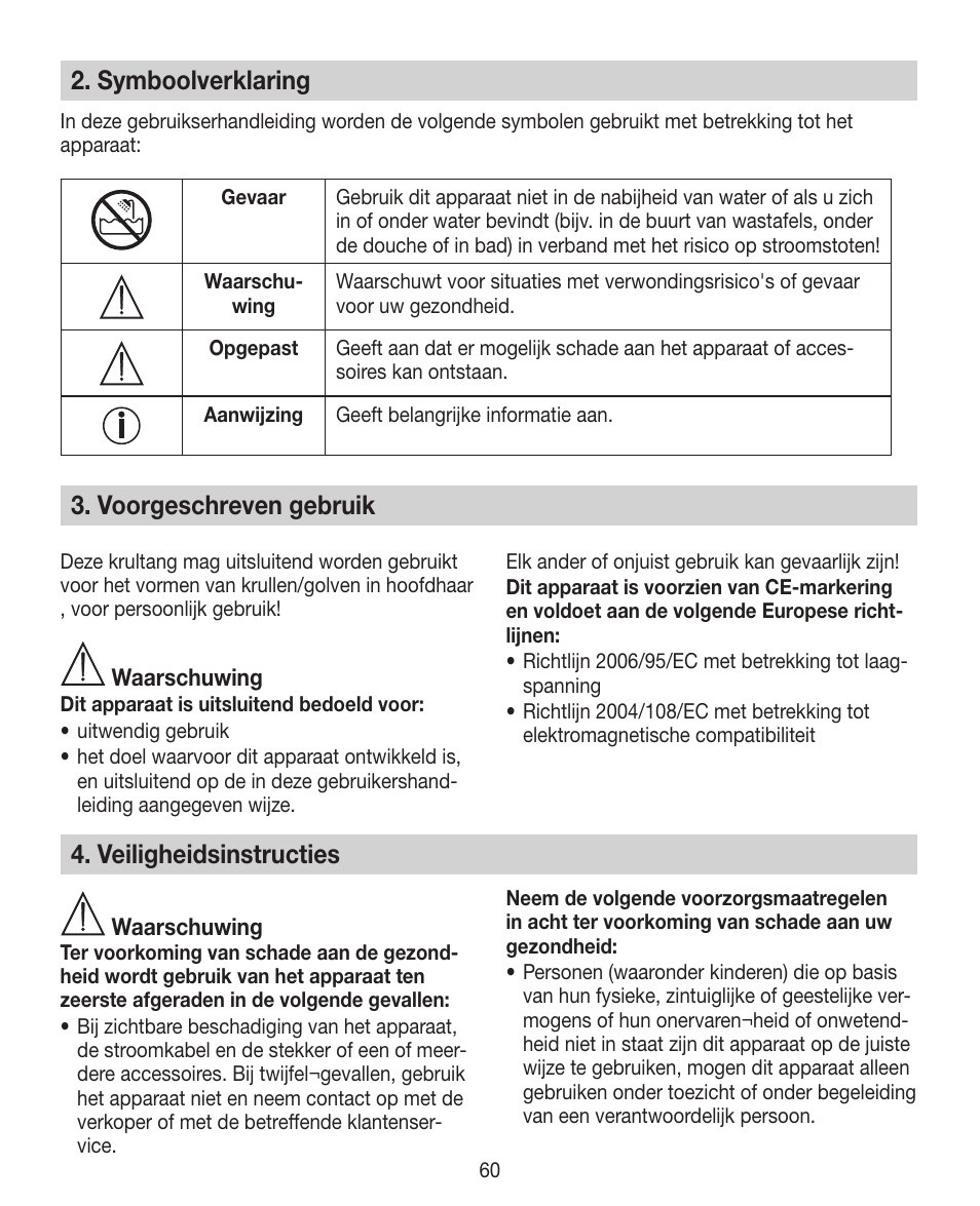 Symboolverklaring, Voorgeschreven gebruik, Veiligheidsinstructies | Beurer HTE 30 User Manual | Page 60 / 80