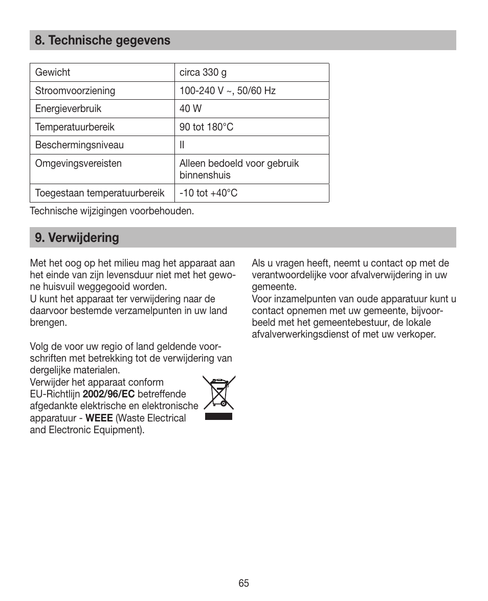 Technische gegevens, Verwijdering | Beurer HTE 30 User Manual | Page 65 / 80
