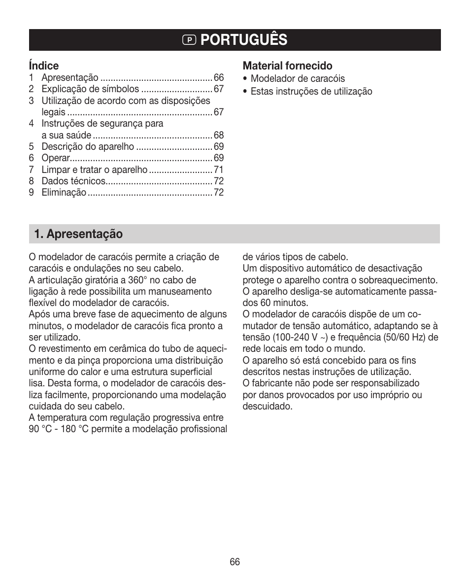P português, Apresentação | Beurer HTE 30 User Manual | Page 66 / 80