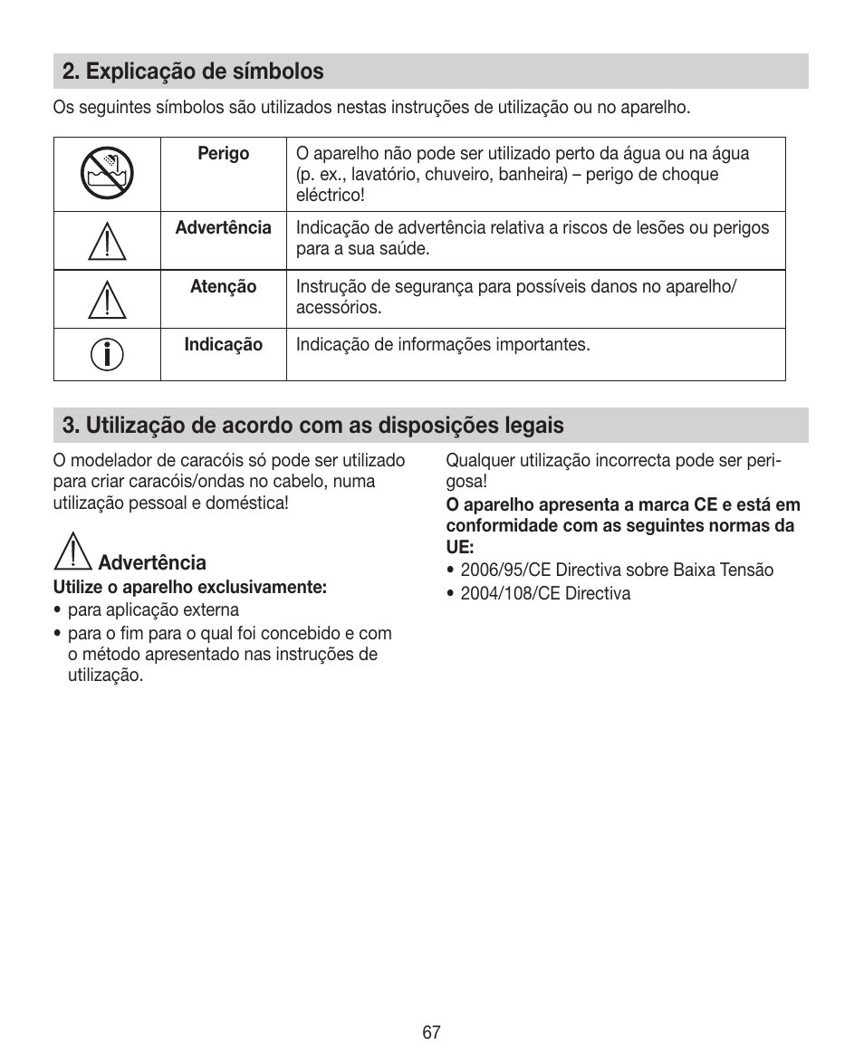 Explicação de símbolos, Utilização de acordo com as disposições legais | Beurer HTE 30 User Manual | Page 67 / 80