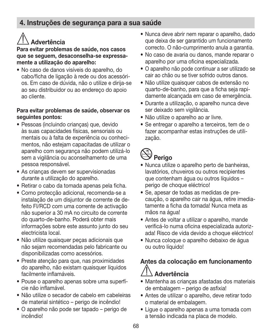 Instruções de segurança para a sua saúde | Beurer HTE 30 User Manual | Page 68 / 80