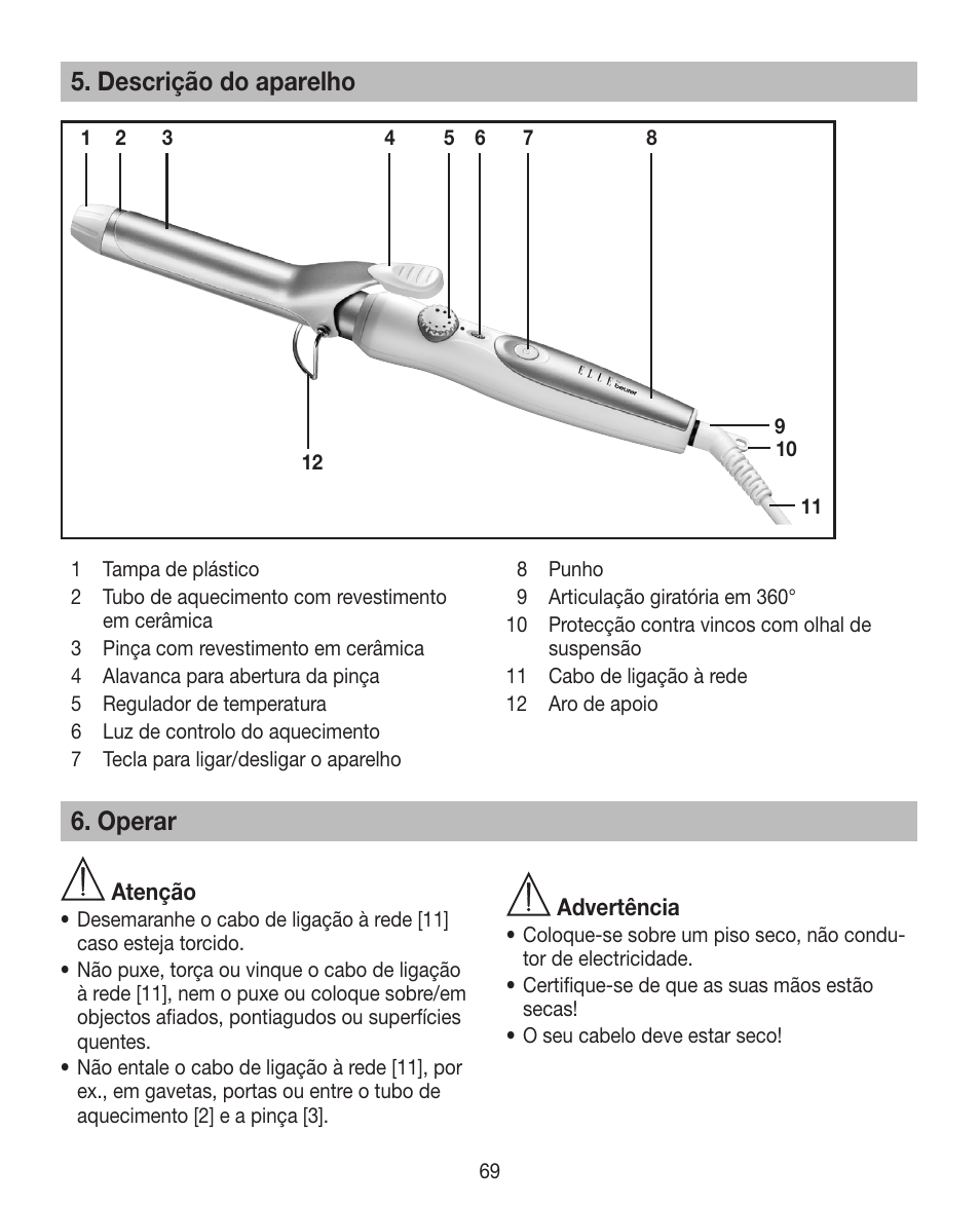 Descrição do aparelho, Operar | Beurer HTE 30 User Manual | Page 69 / 80