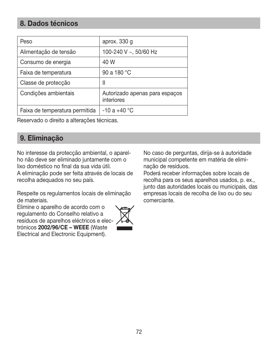 Dados técnicos, Eliminação | Beurer HTE 30 User Manual | Page 72 / 80