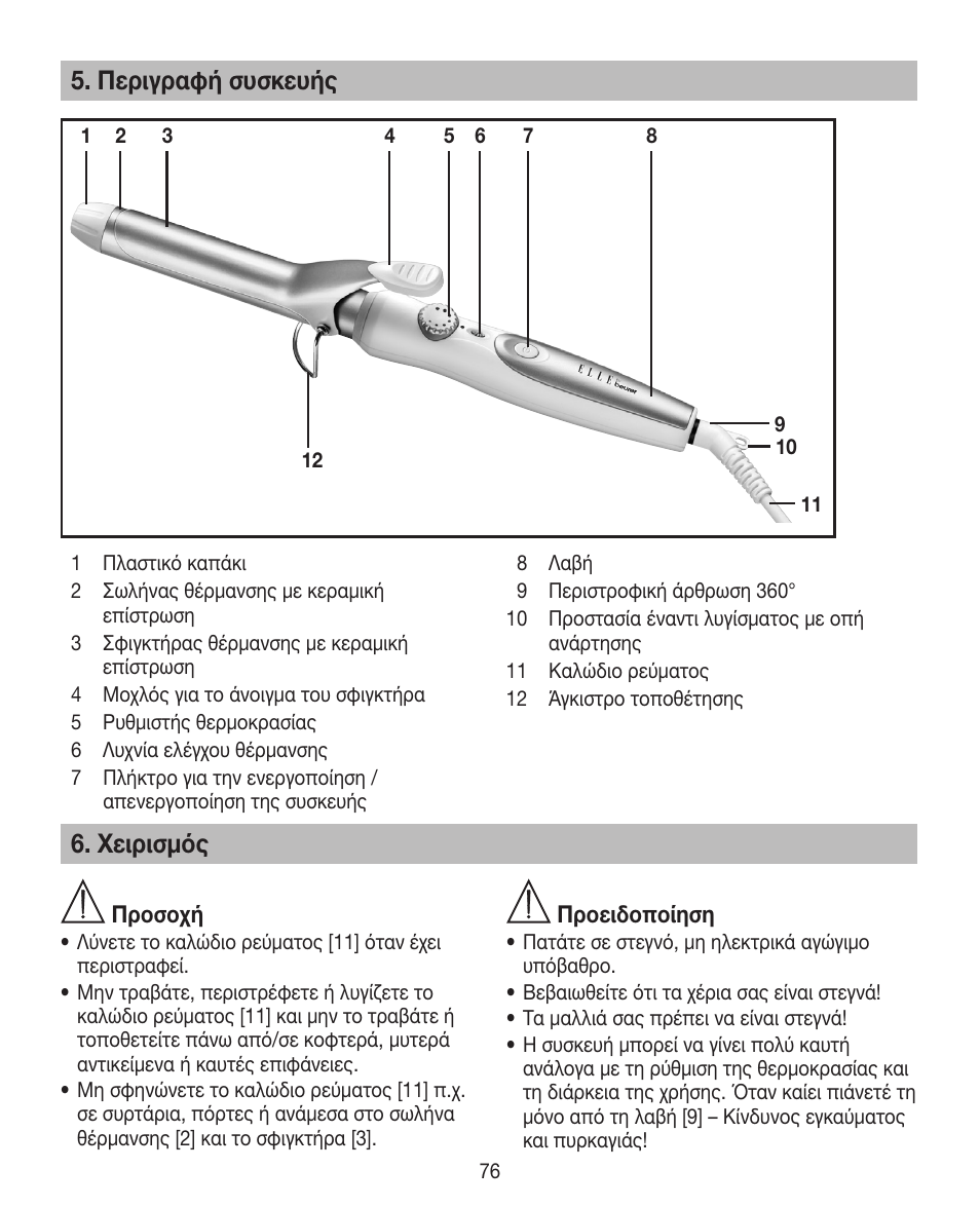 Περιγραφή συσκευής, Χειρισμός | Beurer HTE 30 User Manual | Page 76 / 80