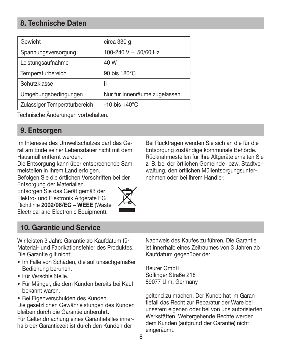 Technische daten, Entsorgen, Garantie und service | Beurer HTE 30 User Manual | Page 8 / 80