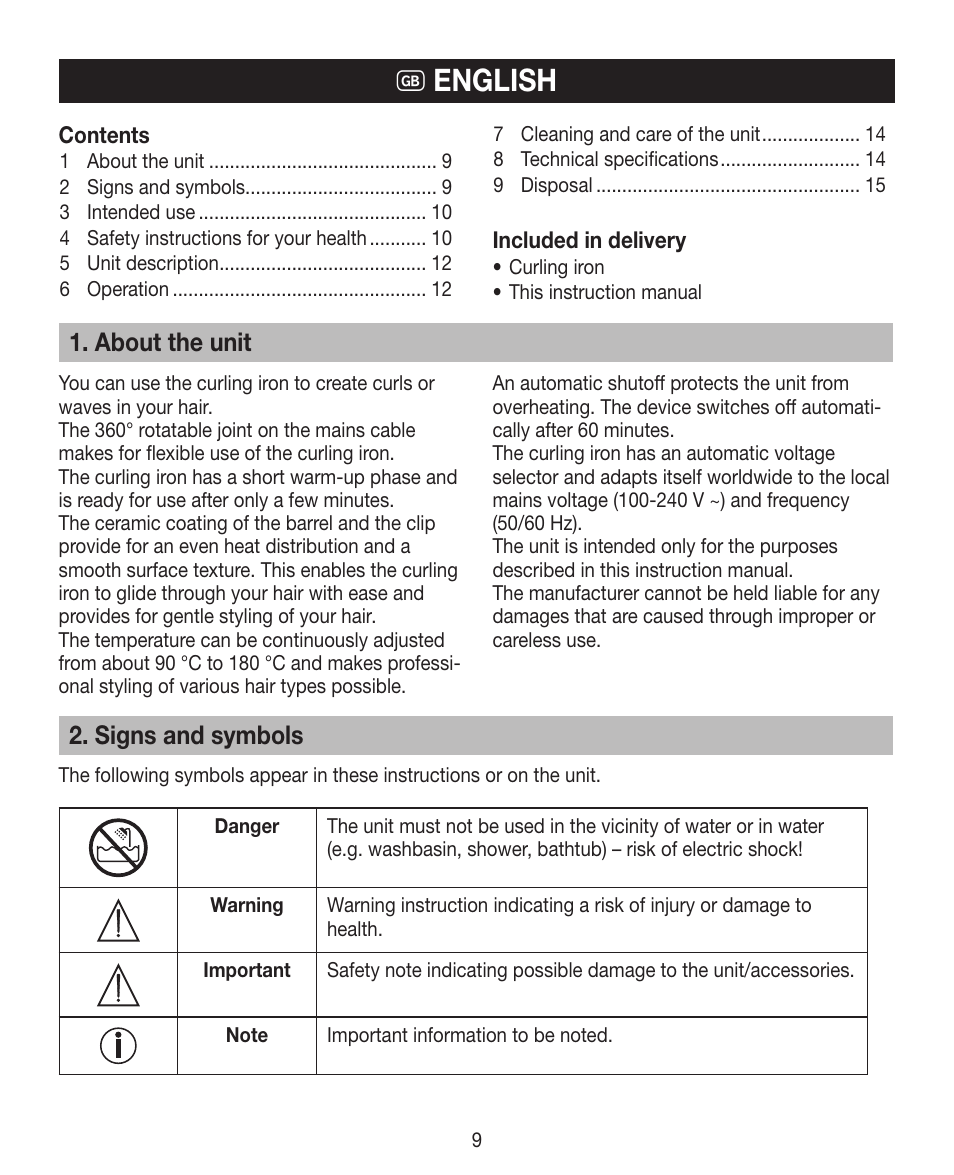 G english, About the unit, Signs and symbols | Beurer HTE 30 User Manual | Page 9 / 80