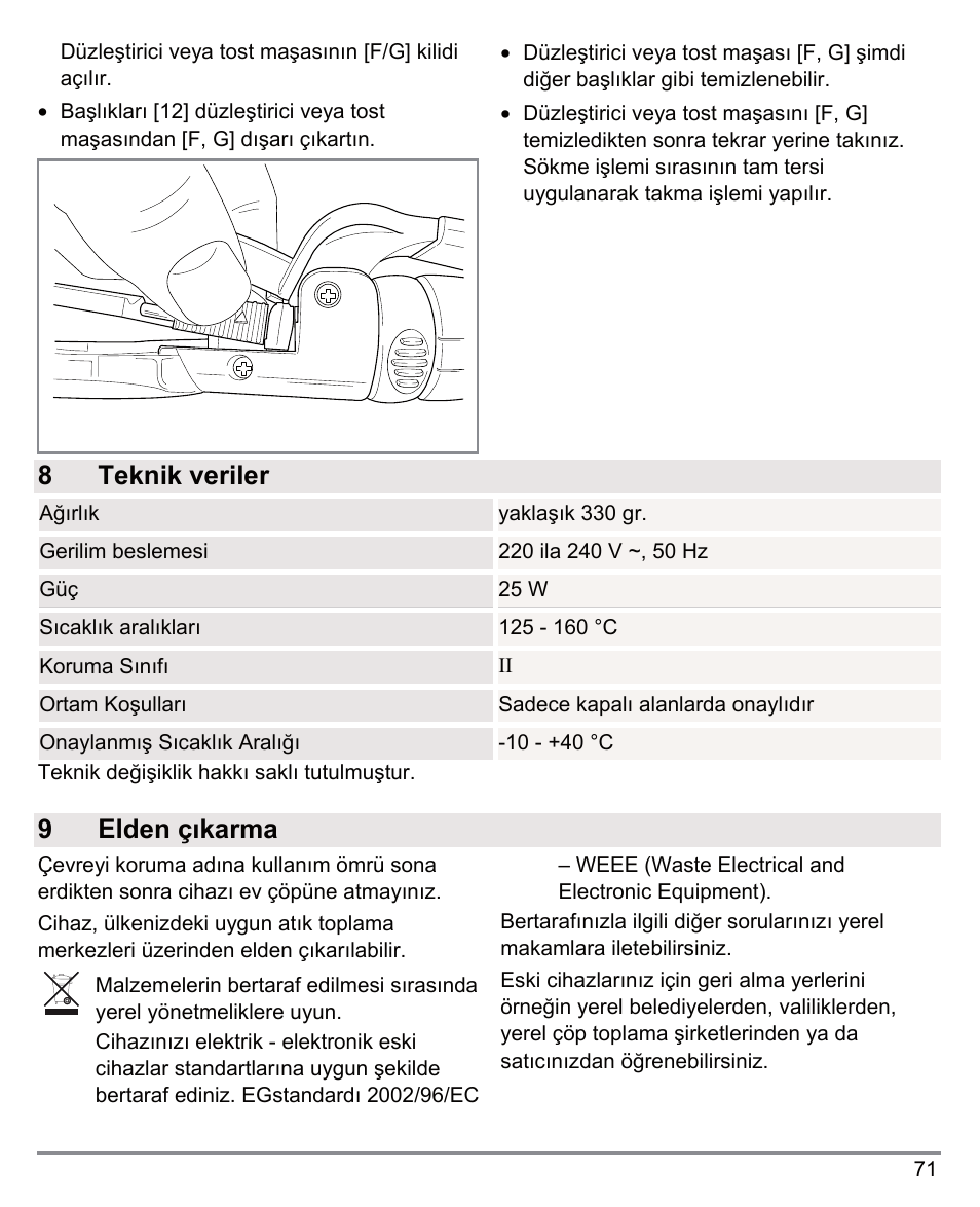 8 teknik veriler, 9 elden çıkarma | Beurer HTE 50 User Manual | Page 71 / 132