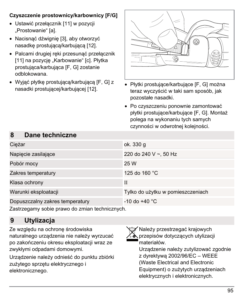 8 dane techniczne, 9 utylizacja | Beurer HTE 50 User Manual | Page 95 / 132