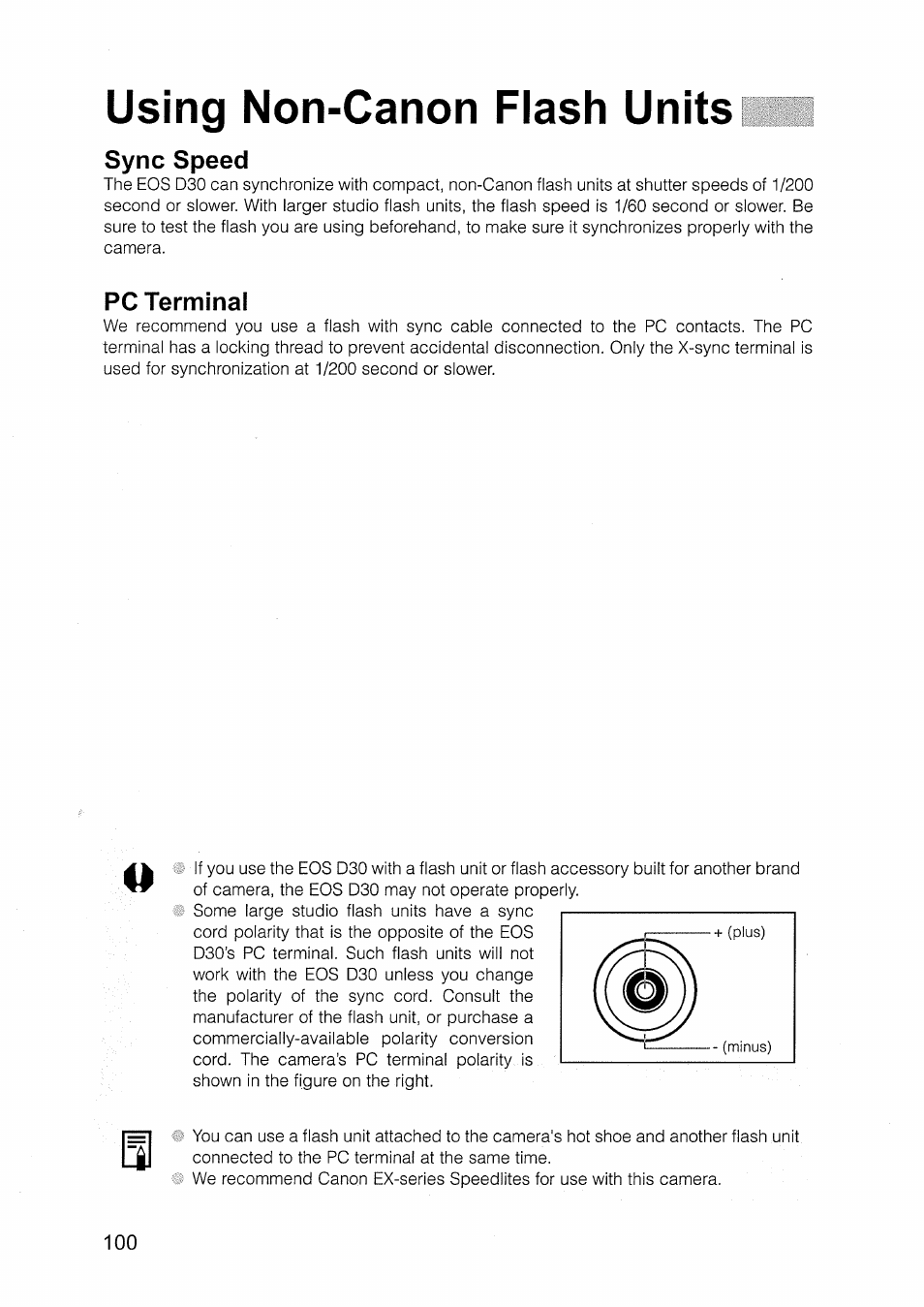 Using non-canon flash units, Sync speed, Pc terminal | Canon EOS D30 User Manual | Page 100 / 151