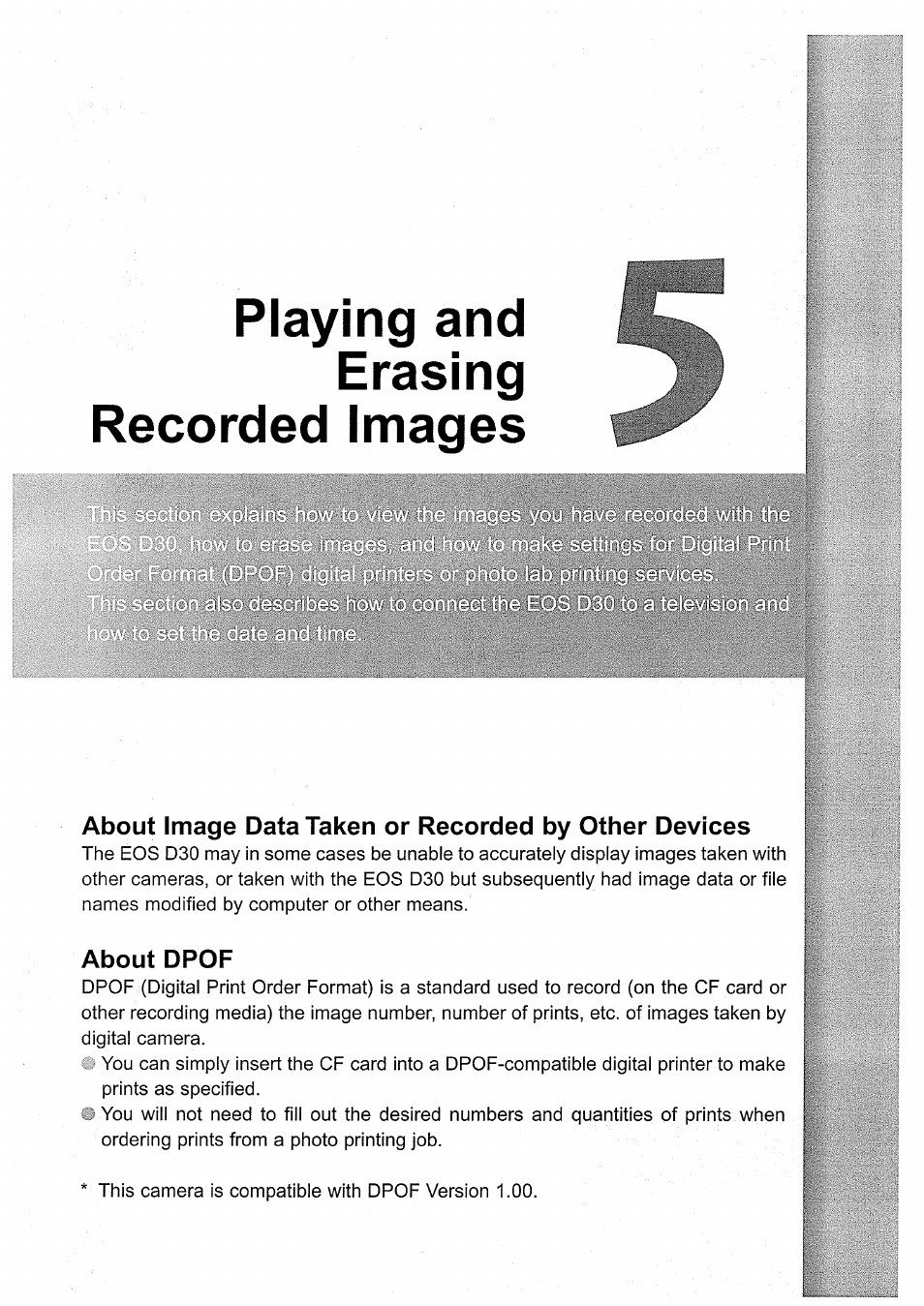 Playing and erasing recorded images, About dpof | Canon EOS D30 User Manual | Page 101 / 151