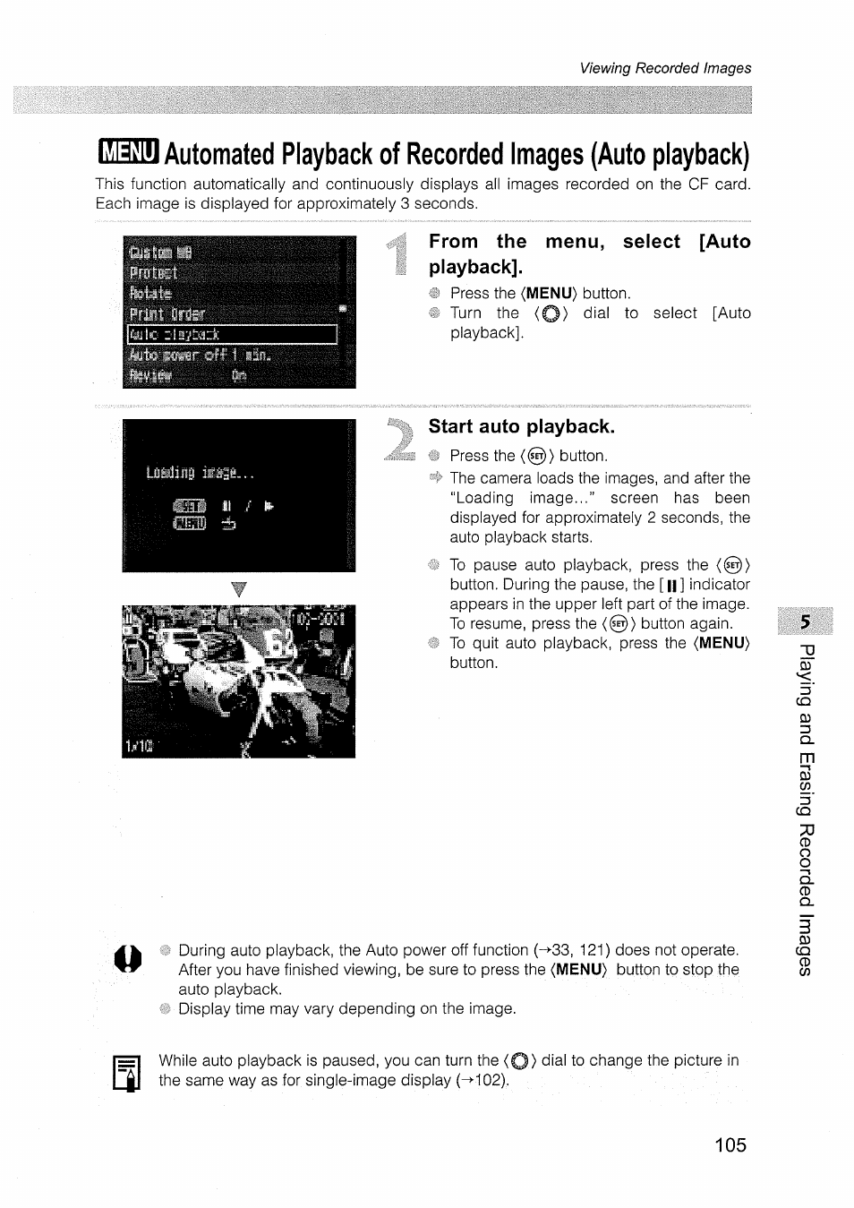 From the menu, select [auto playback, Start auto playback, Menu | Canon EOS D30 User Manual | Page 105 / 151